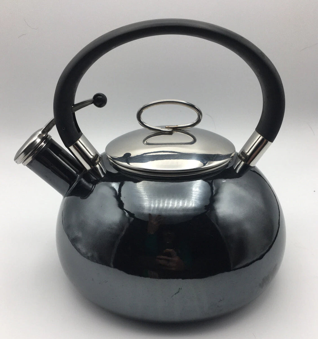 COPCO 2qt Black Enamel Whistling Teapot Kettle Chrome Top Mid Century Modern MCM