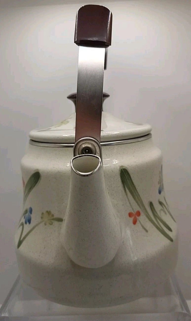 Vintage Tea Kettle, Floral Enamel on Steel Tea Kettle