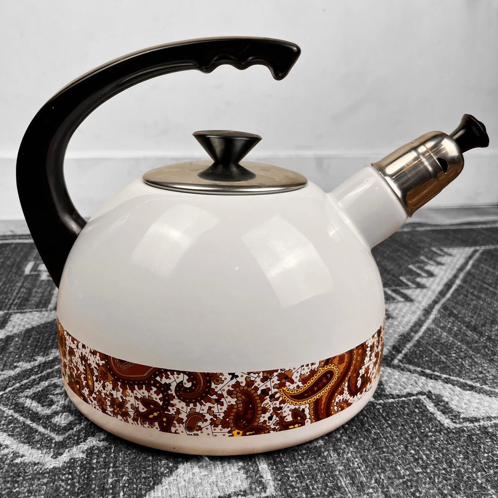 70's Design White Enamel Metal Whistling Tea Coffee Kettle Paisley Brown White