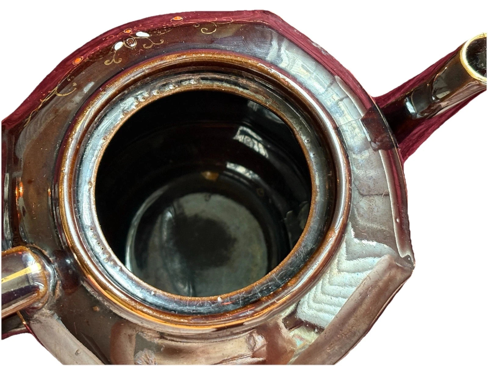 Vtg Japanese Redware Teapot Brown Betty Moriage Enamel Hand Painted Deco 2 Chips