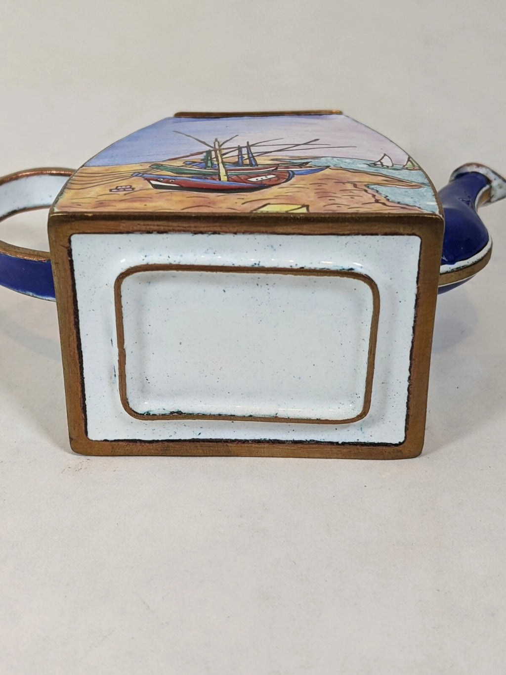 Kelvin Chen Handpainted Miniature Enamel Tea Pot brass boat scene