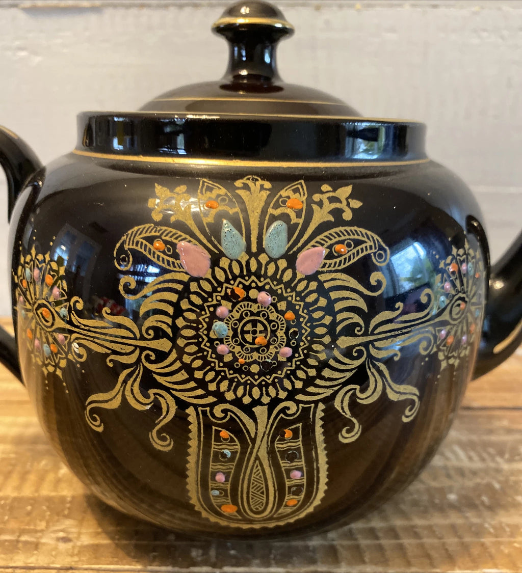 Vintage Gibson & Sons Marina Teapot w/ Lid Black Gold Enamel Burslem England