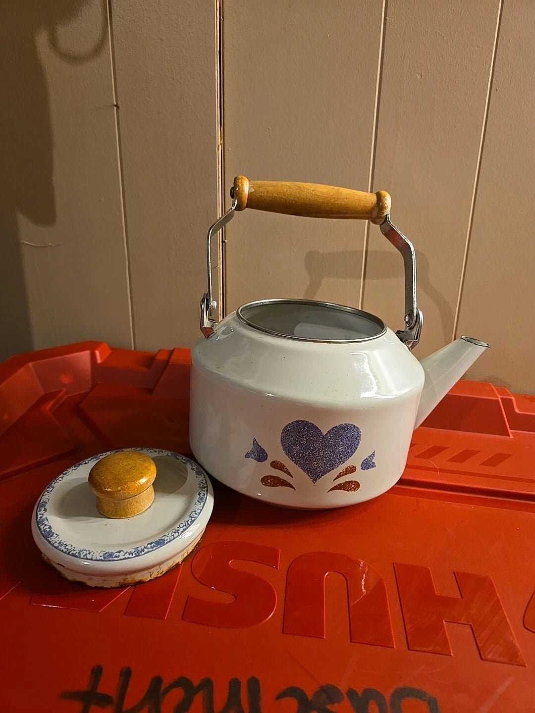 Vintage 80s Blue Hearts Enamel Kettle by Jay Made in Taiwan Wood Handle EUC
