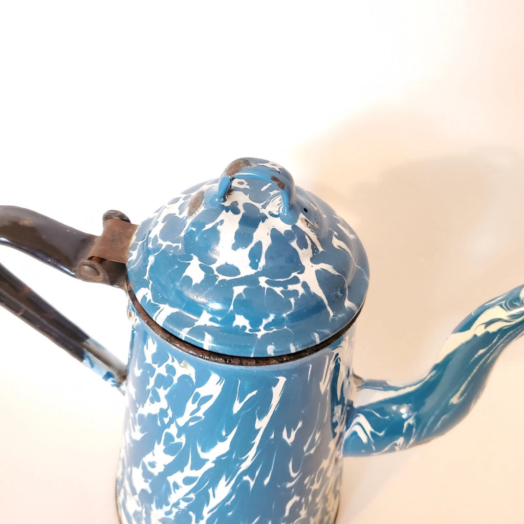 Antique Enamelware Coffee Pot Hinged Lid Seamless Original Turquoise Swirl 9"