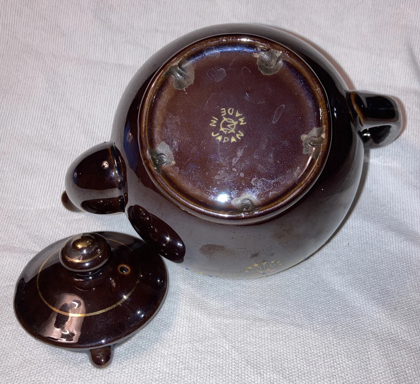 Brown Ceramic Tea Pot with Lid - Gold Trim Enameled Flowers 5 1/2" Made inJapan