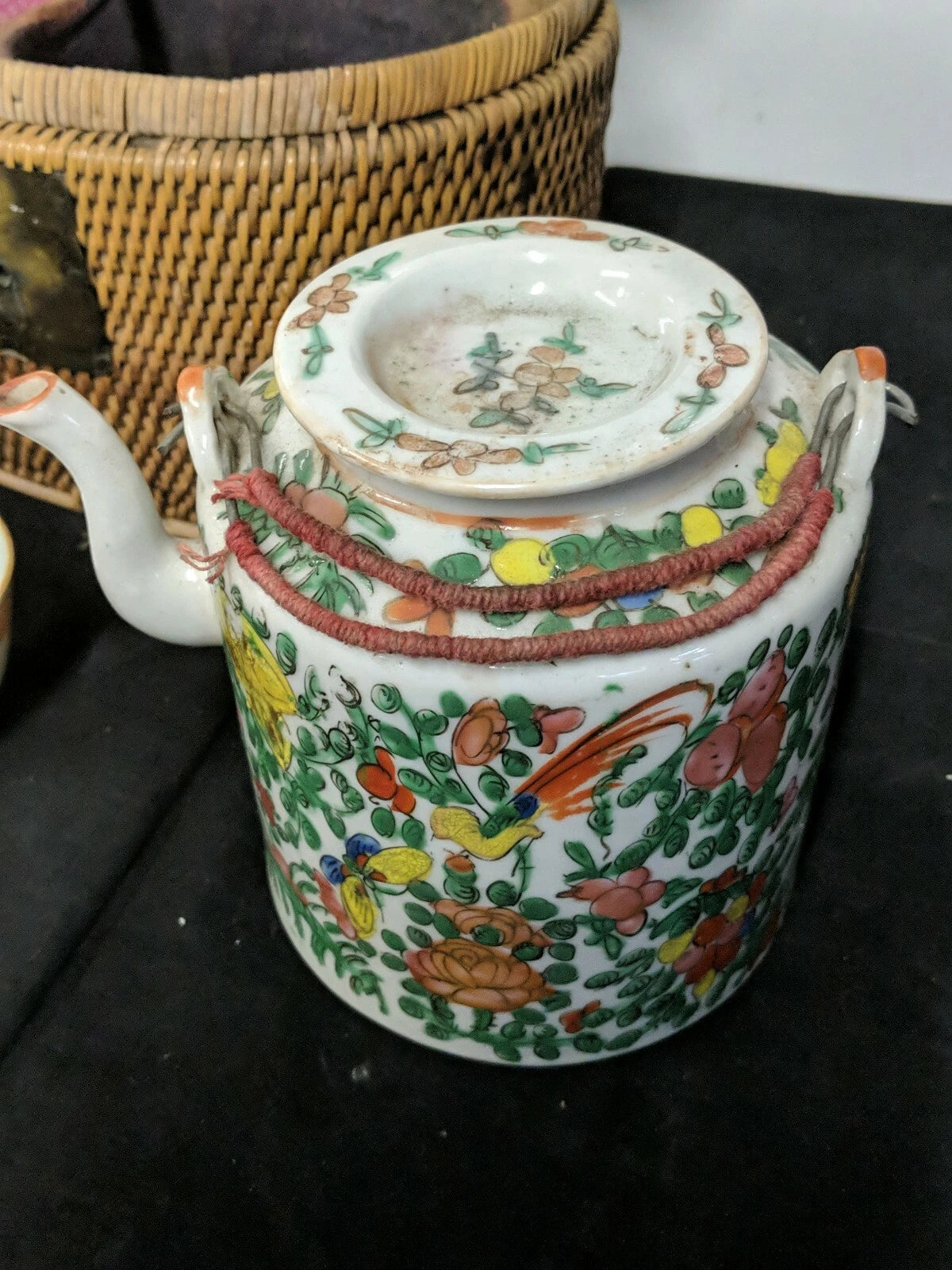 Vintage CHINESE TEA SET in Warmer Wicker basket with Teapot and 2 Cups