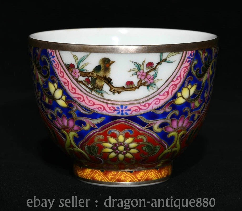 3" Ancient China Qianlong Marked Colour Enamel Porcelain Flower Bird Taecup Pair