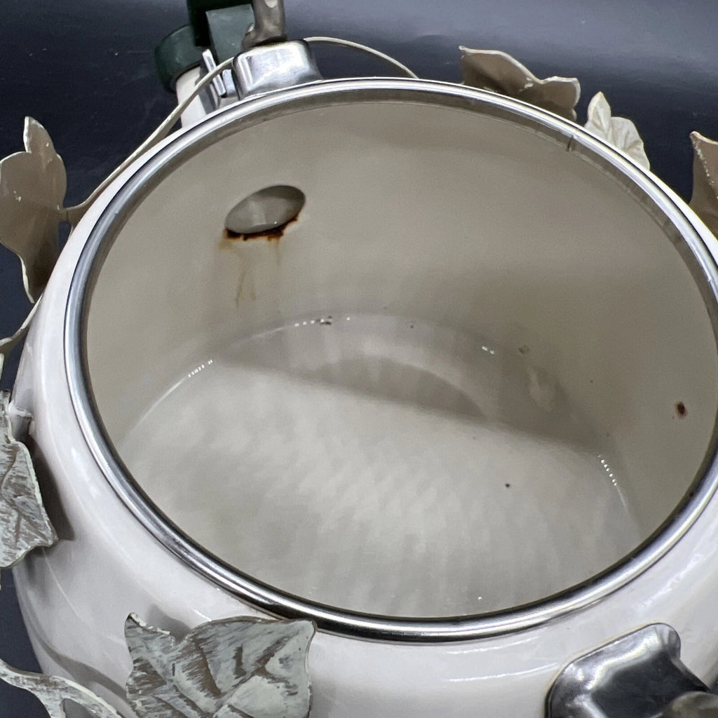 VTG Via Ancona White Enamel Whistling Tea Kettle Ivory, Green Knob Ivy Garland