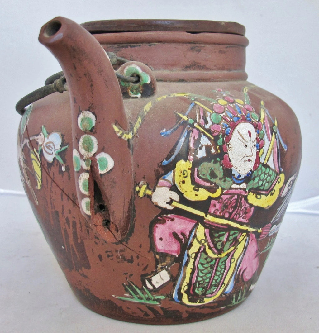 Big 7.7" Old Chinese YIXING Clay Teapot w/ Enameled Bird, Flowers & Dignitaries