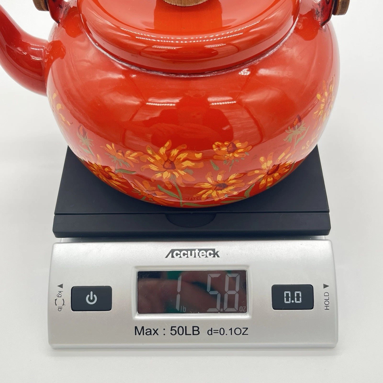 Boho Style VTG Enamel Tea Kettle Red Orange w Daisies & Teak Handle *DECOR ONLY*