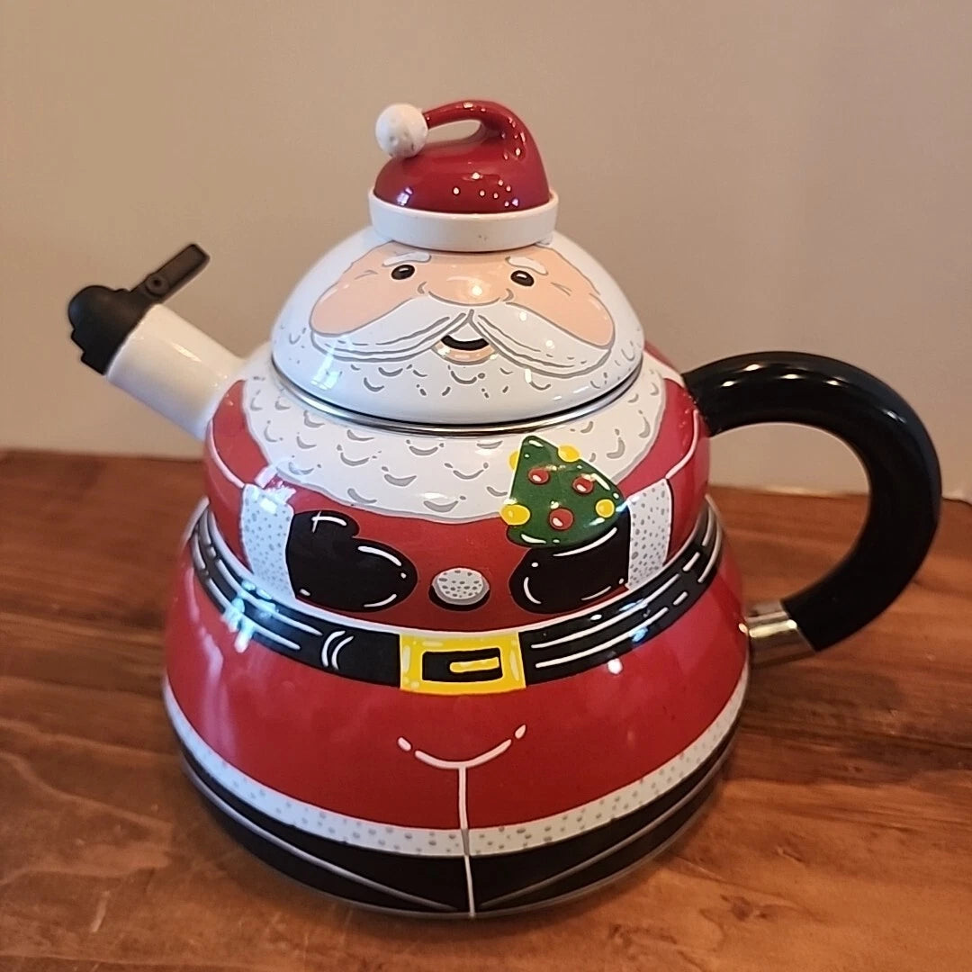 Vintage Santa Claus Enamel Whistling Tea Pot Kettle Holiday 3 Quart Christmas