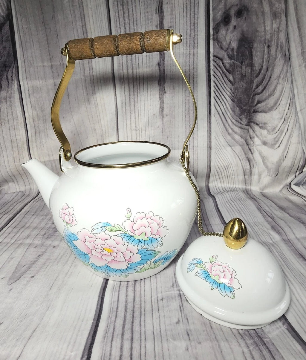 Vtg 1988 Tea Kettle Pot Enamel White Poppies Flowers Brass National Housewares