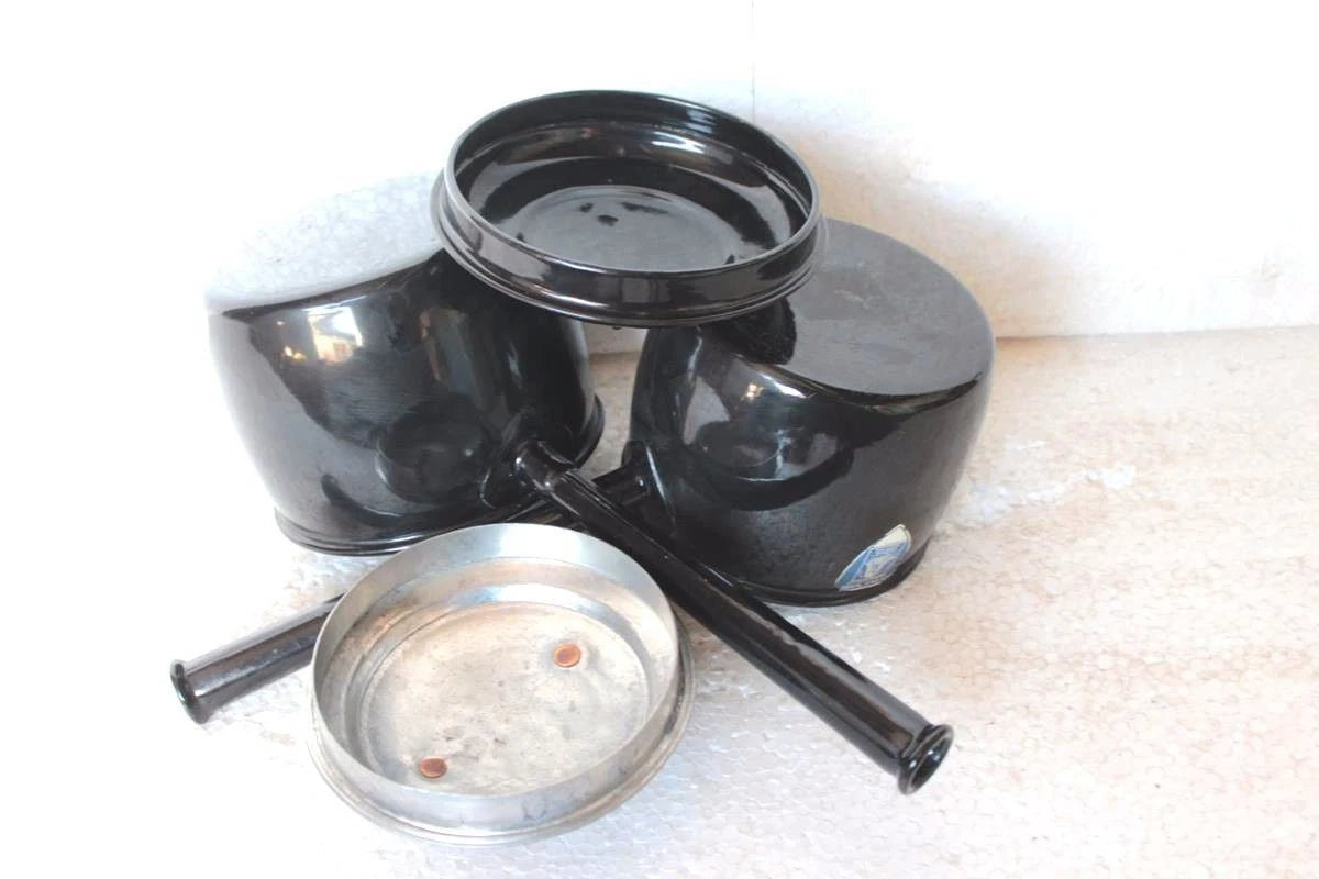 Enamel Tea Pot  With Handle 2 Pc Old Vintage Kitchenware Collectible