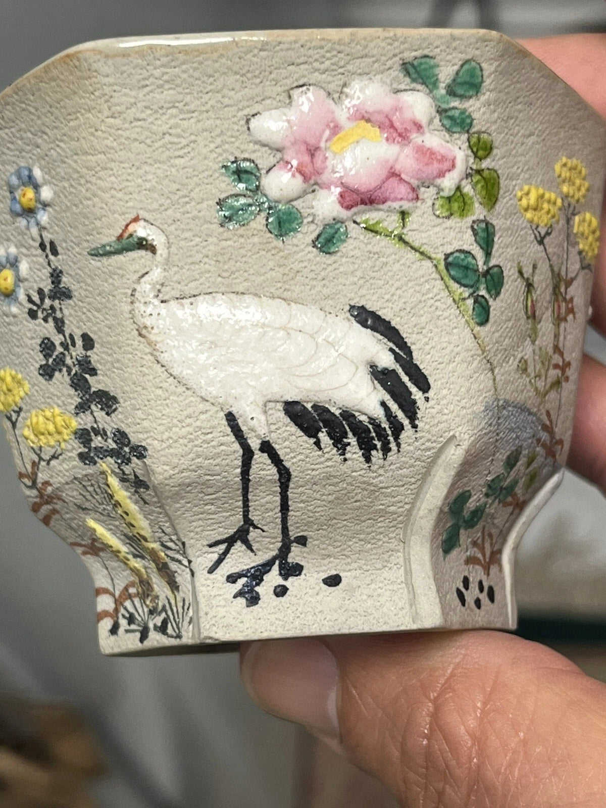 Japanese Banko Ware Plate and Teacup Crane Enamel  Marked