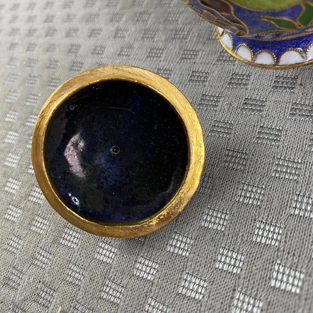 Vtg Miniature Cobalt Blue Enamel Gilded Cloisonne Floral Metal Back Teapot & Lid
