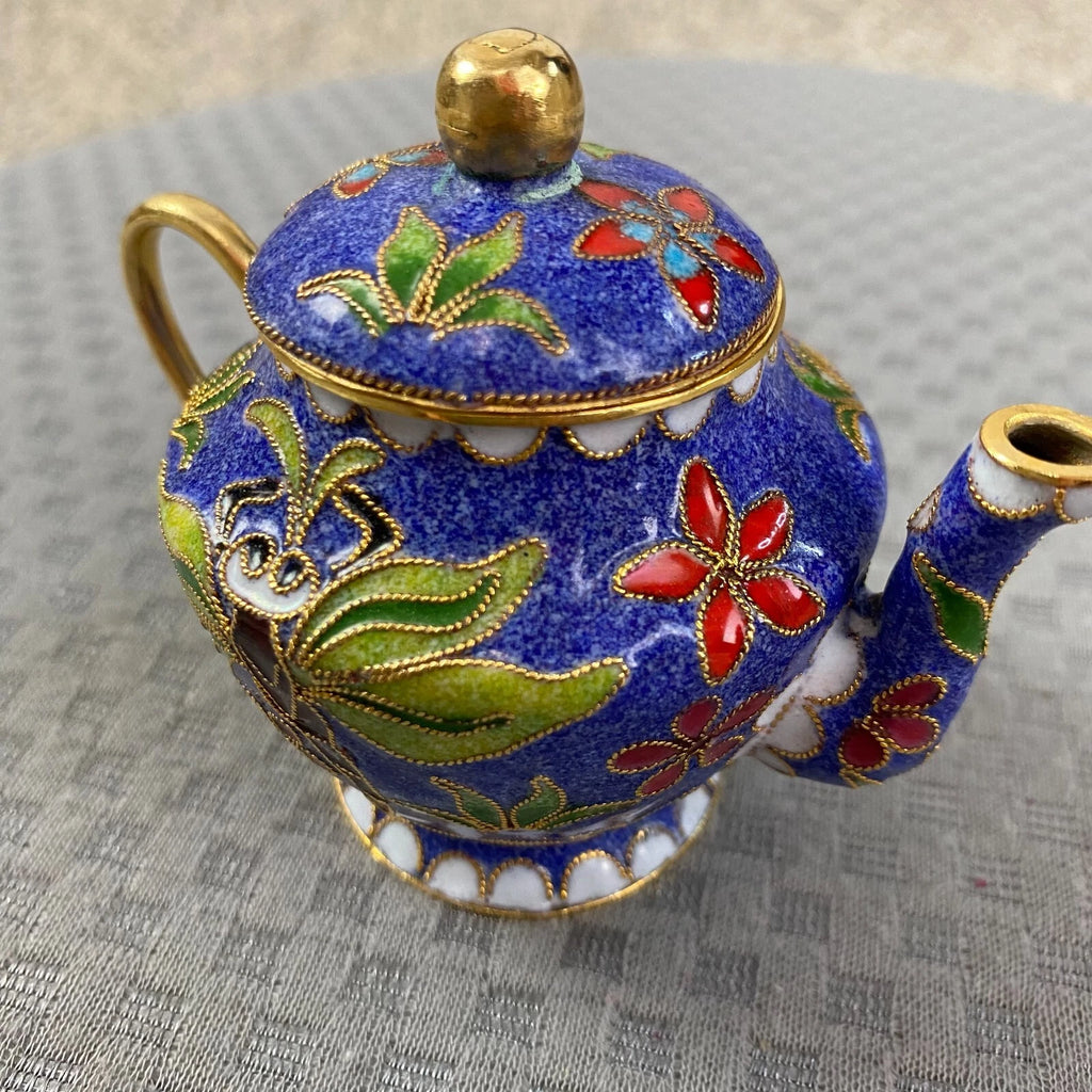 Vtg Miniature Cobalt Blue Enamel Gilded Cloisonne Floral Metal Back Teapot & Lid