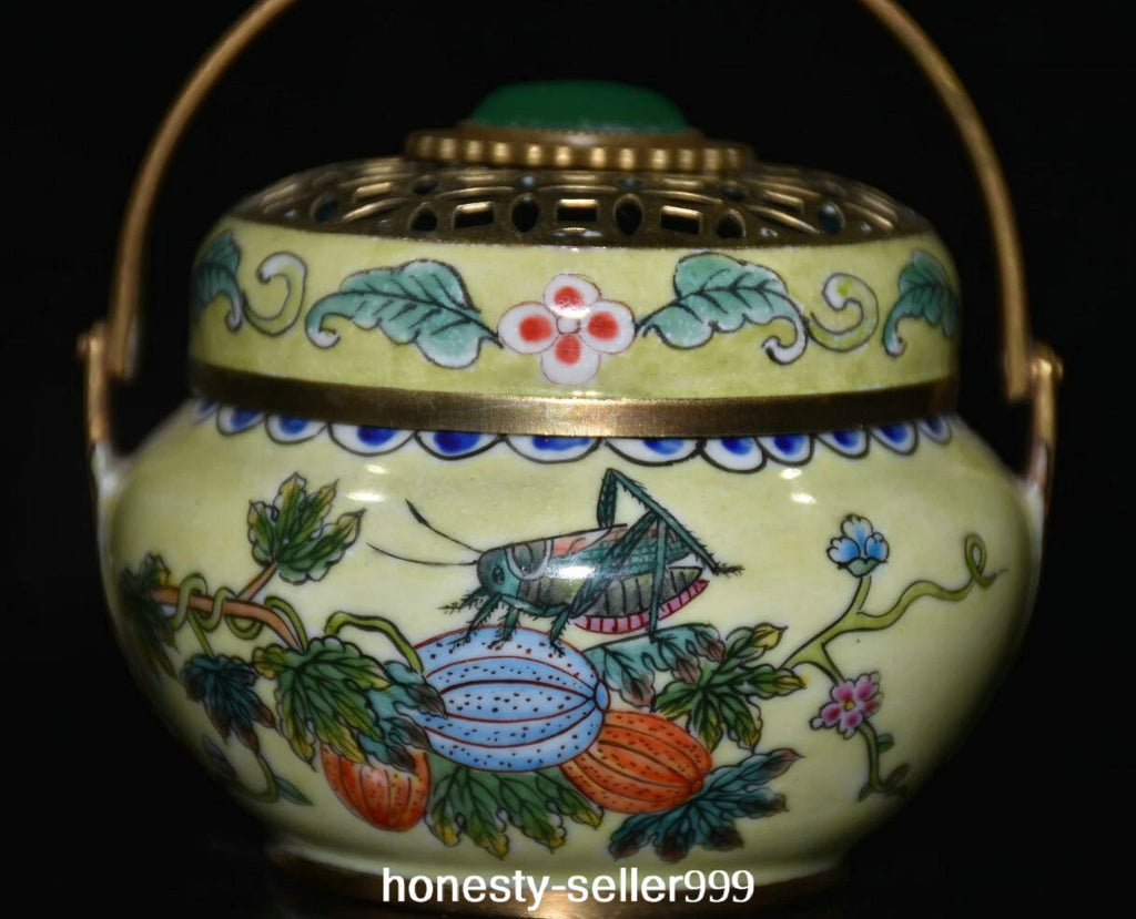 Qianlong Cloisonne Enamel Gilt Grape Insect Handle Wine Teapot Flagon Statue