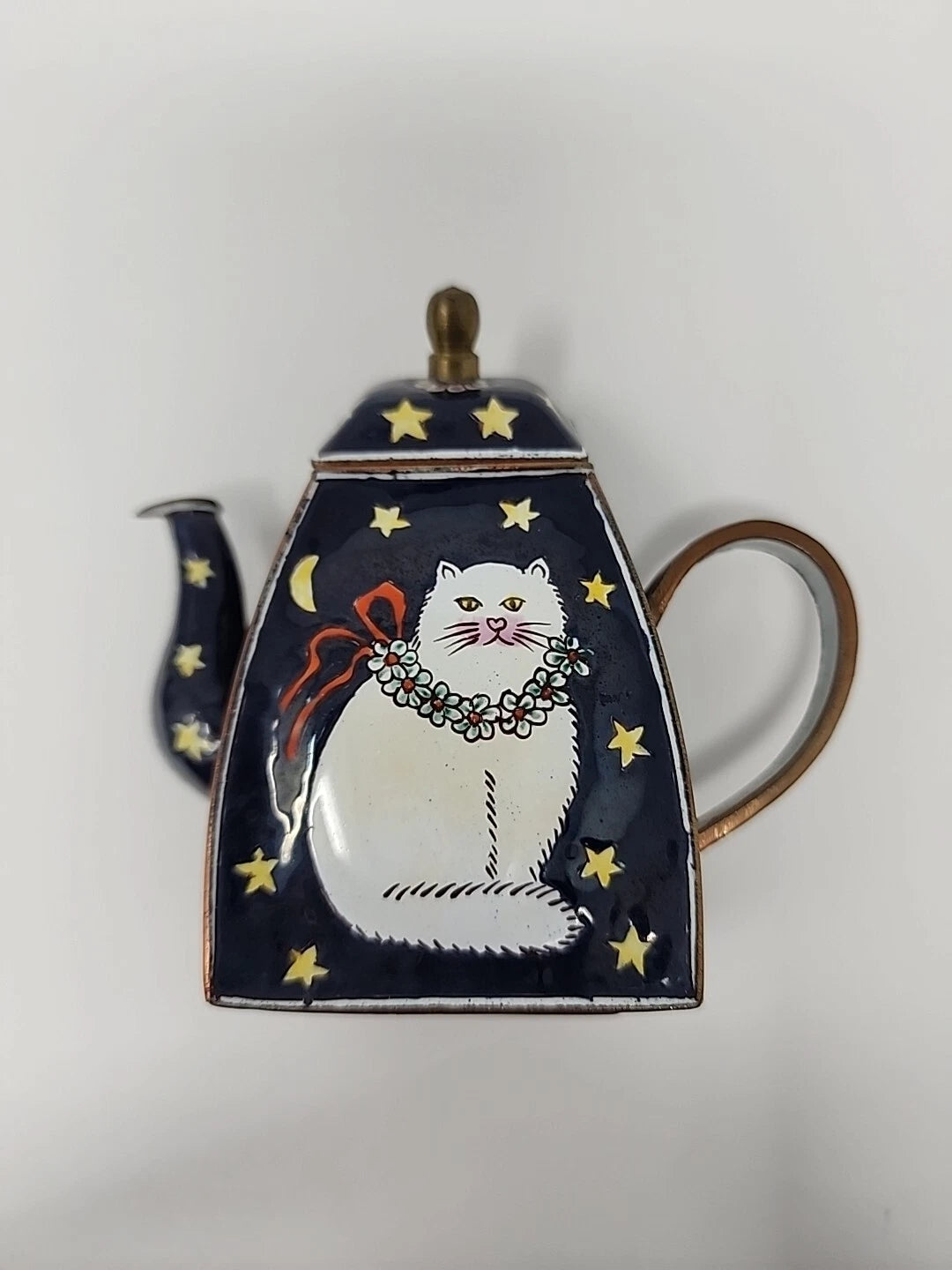 MINI ENAMEL TEA KETTLE TEAPOT KELVIN CHEN 1999 DECORATIVE CAT STARS RETIRED