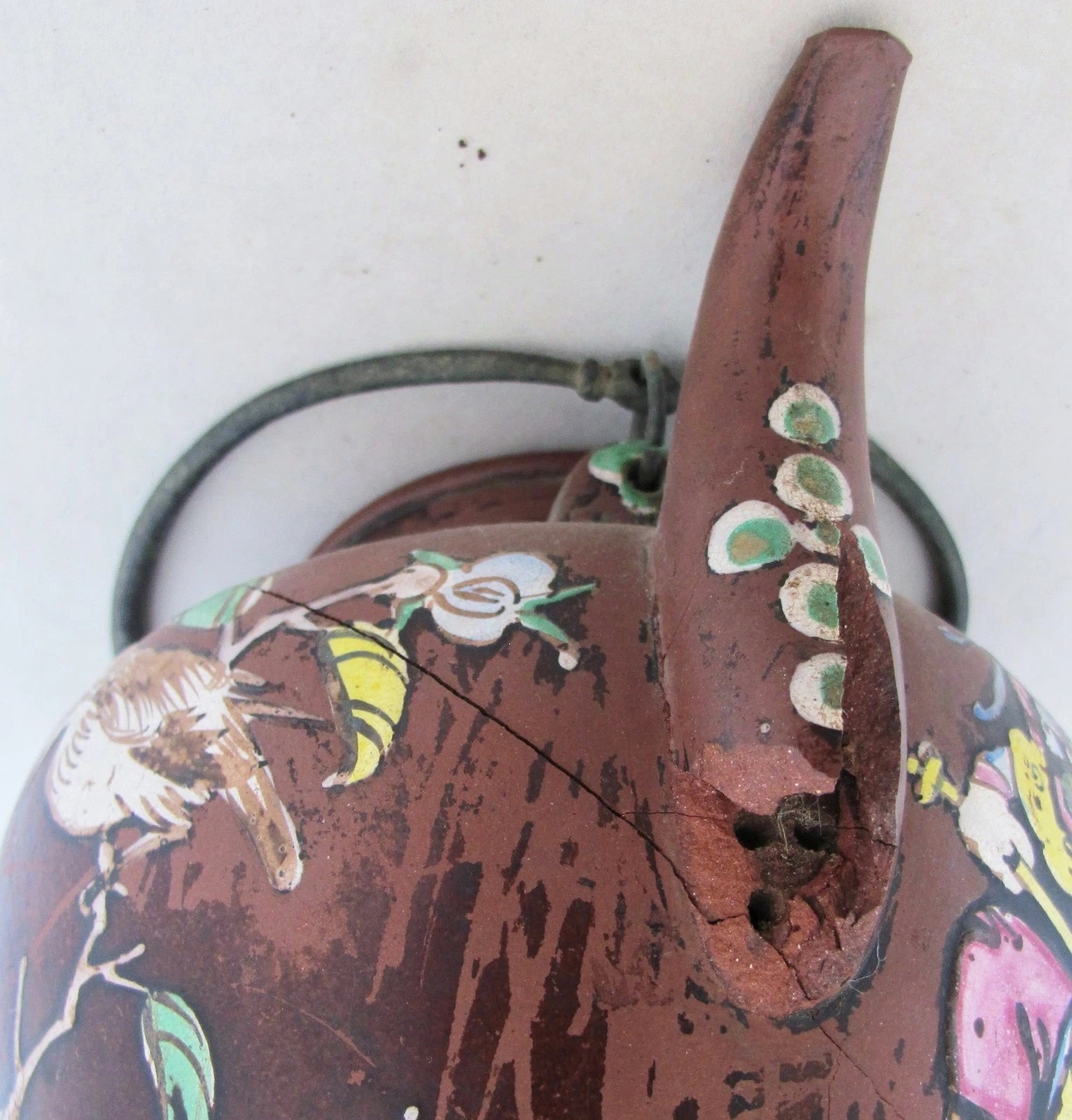 Big 7.7" Old Chinese YIXING Clay Teapot w/ Enameled Bird, Flowers & Dignitaries