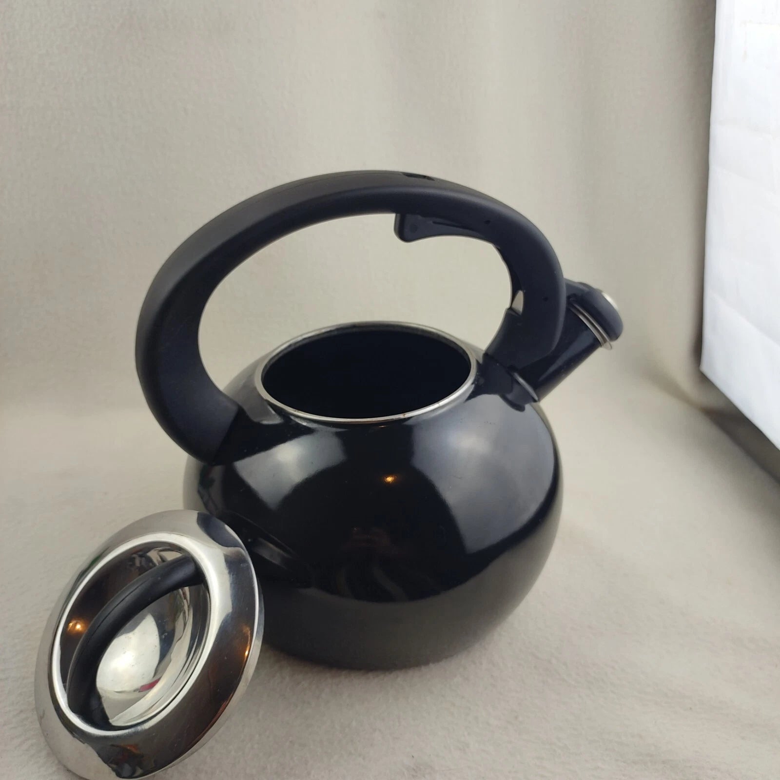 Whistling Tea Pot Kettle Black Enamel with Lid Large Unbranded