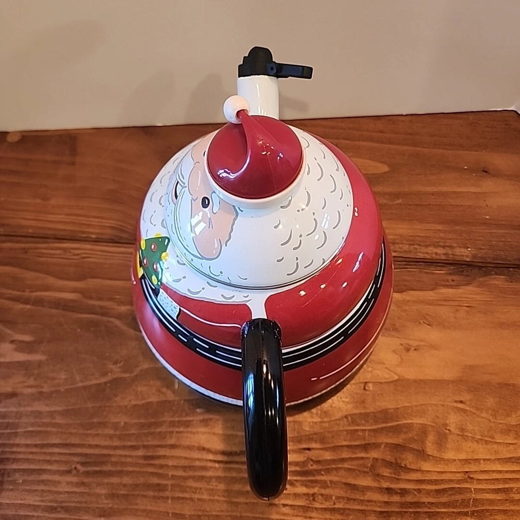 Vintage Santa Claus Enamel Whistling Tea Pot Kettle Holiday 3 Quart Christmas