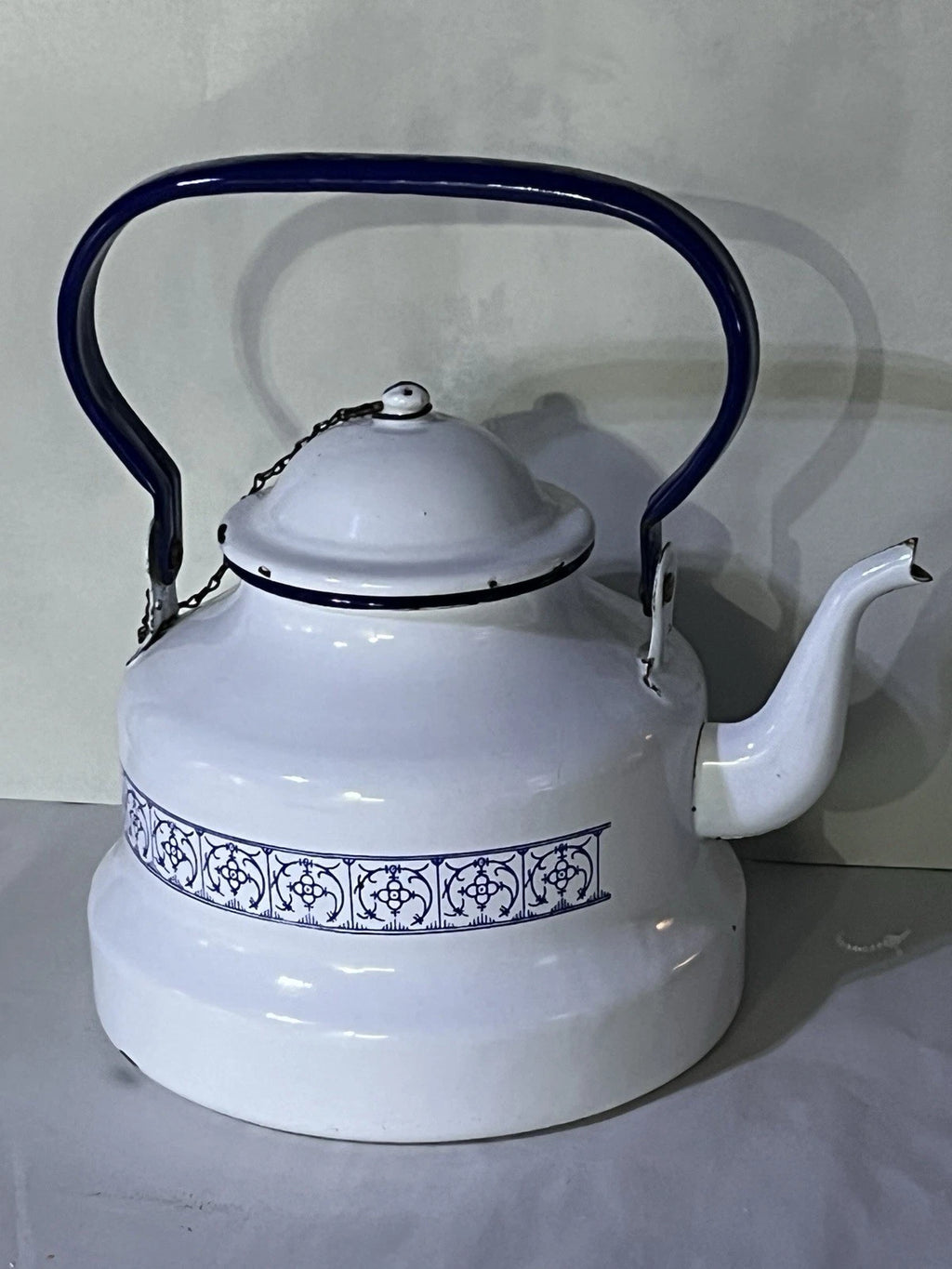Vintage French Country Enamel tea kettle, "Copenhagen" 1960s Blue White Bistro