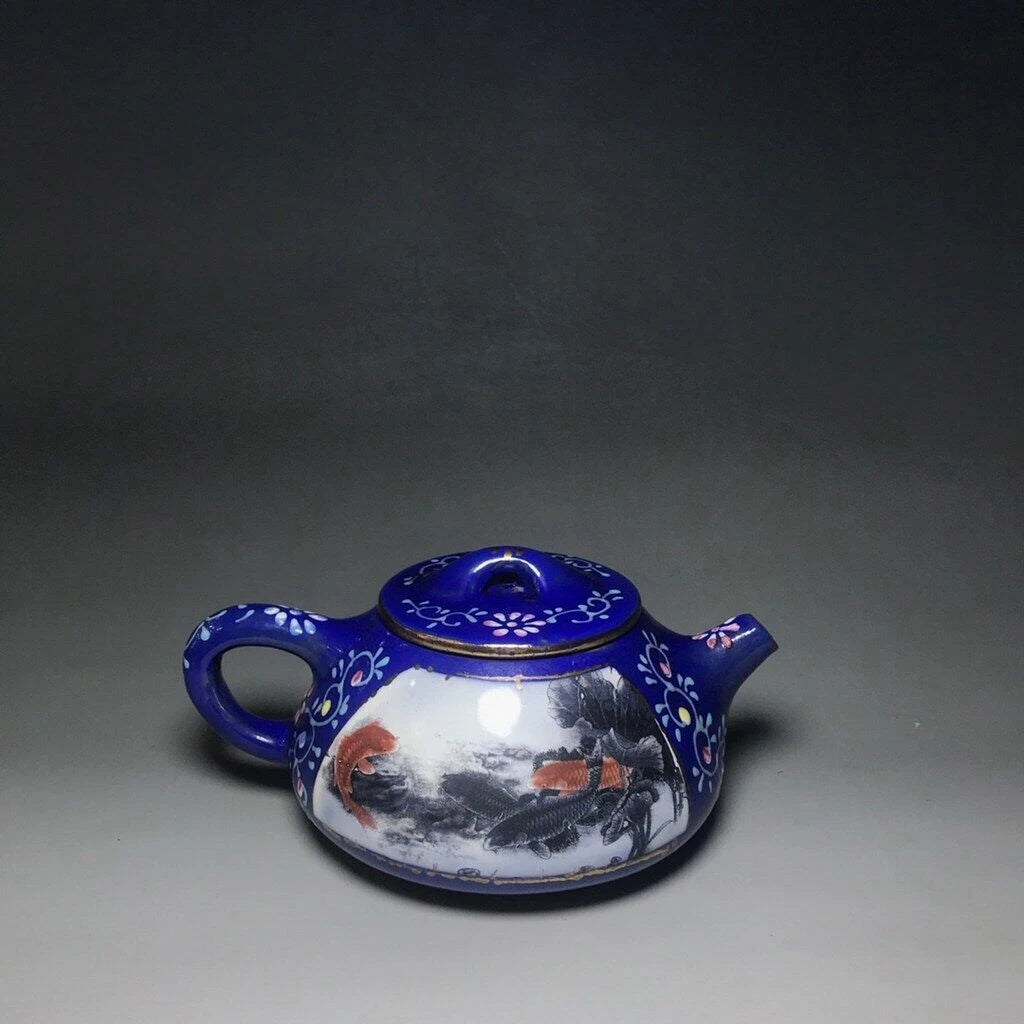 Chinese Yixing Zisha Clay Enamel Handmade Exquisite Fish pattern Teapot 5608