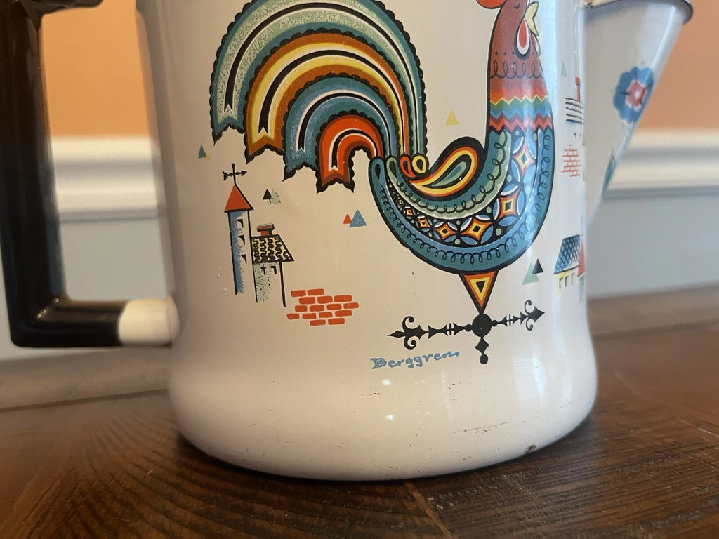 Vintage BERGGREN Enamel Coffee Pot Swedish Rooster Kettle Farm Flowers