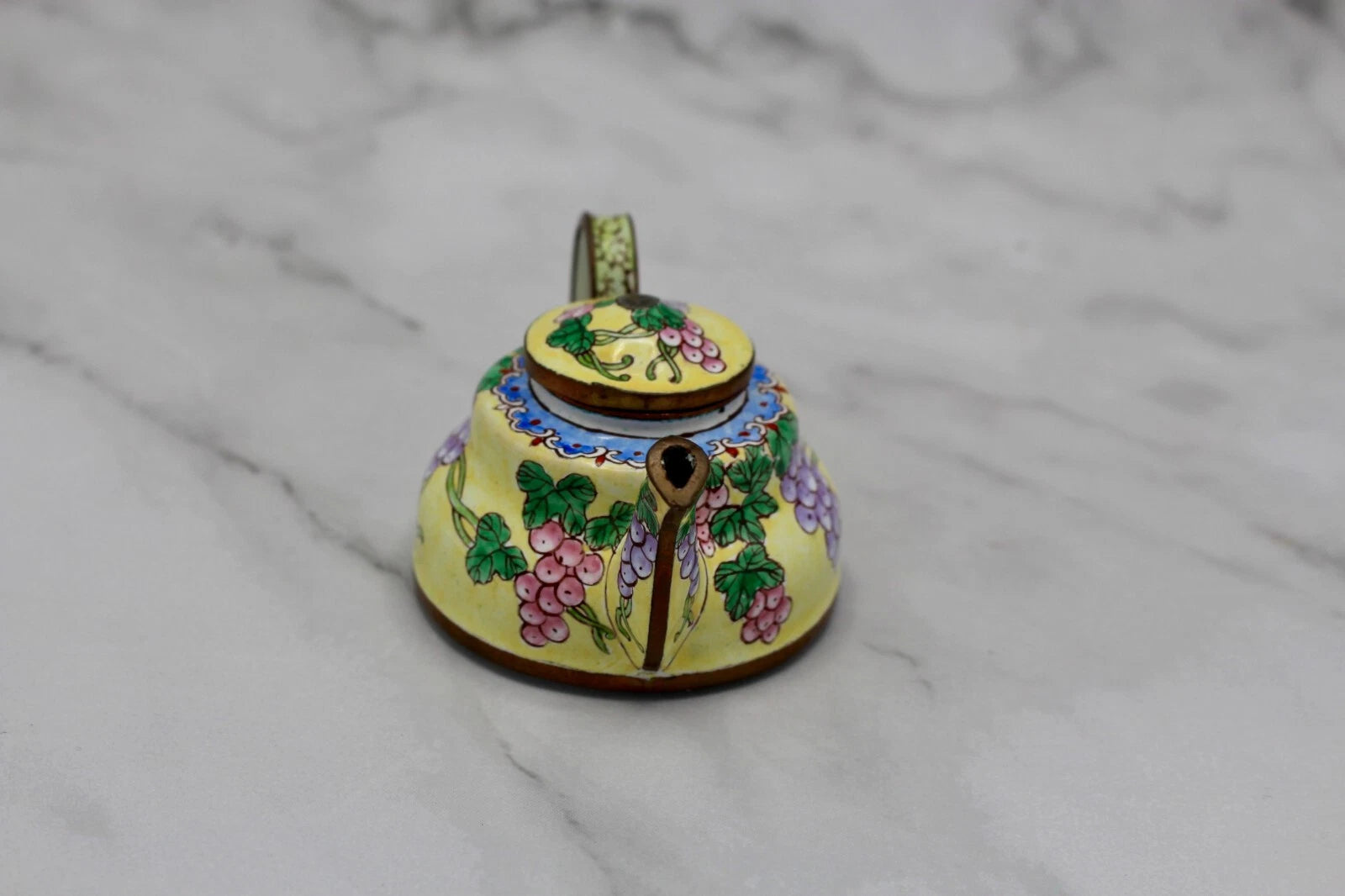 Cute Small Enamel on Copper Teapot Figurine
