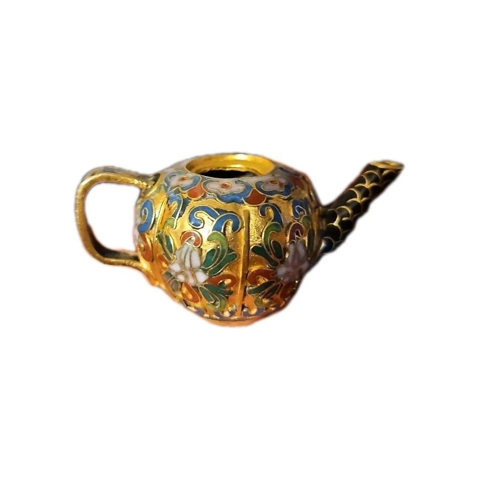 Miniature Pumpkin Cloisonné Enameled Teapot With Base Multicolor Floral