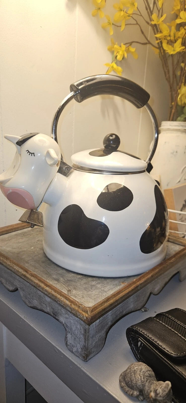 Vintage M Kamenstein Cow Tea Kettle Enamel Whistling Teapot
