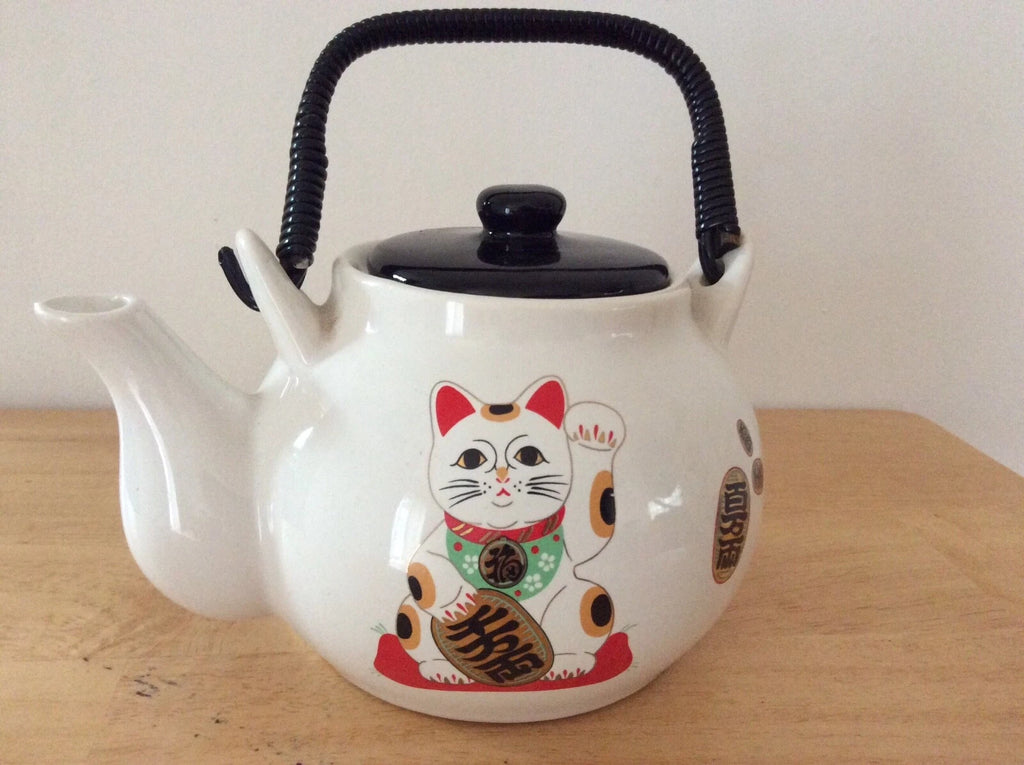 ENAMEL KETTLE TEAPOT CAT DESIGN PLASTIC HANDLE