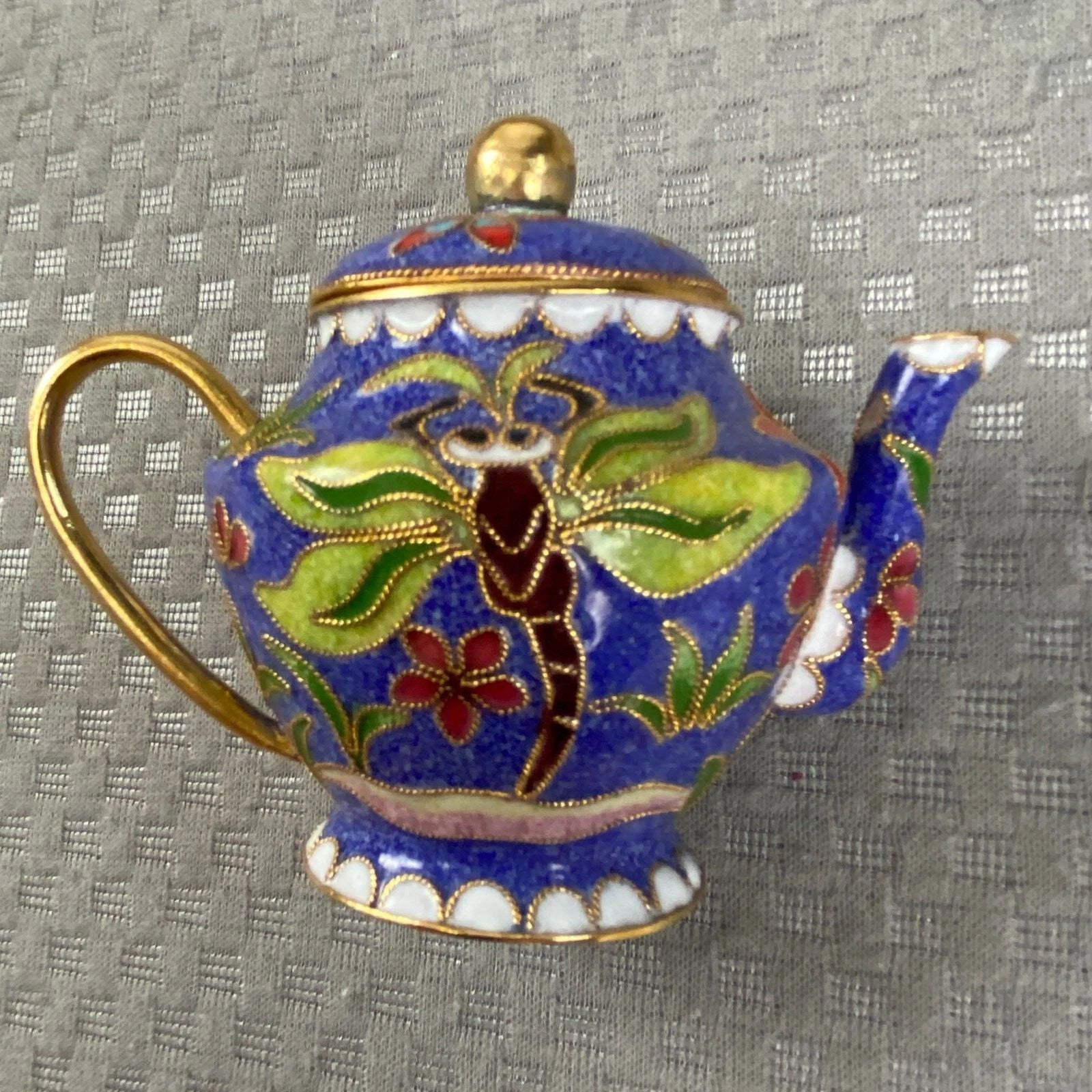 Vtg Miniature Cobalt Blue Enamel Gilded Cloisonne Floral Metal Back Teapot & Lid