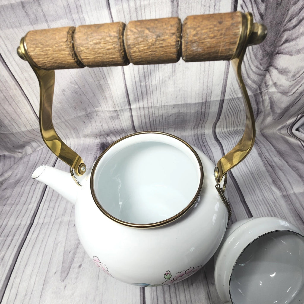 Vtg 1988 Tea Kettle Pot Enamel White Poppies Flowers Brass National Housewares