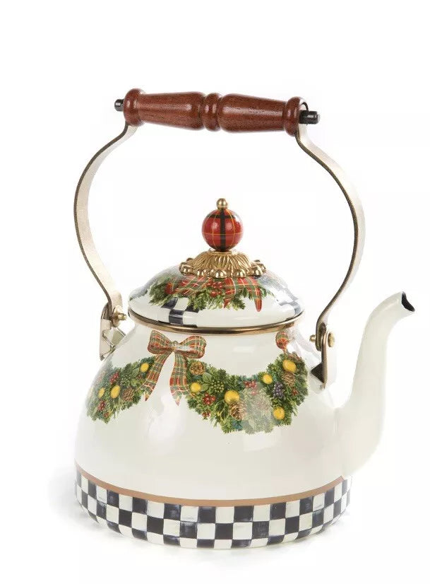 NEW MacKenzie Childs Evergreen Enamel Tea Kettle Cream Green Red 2 Quart