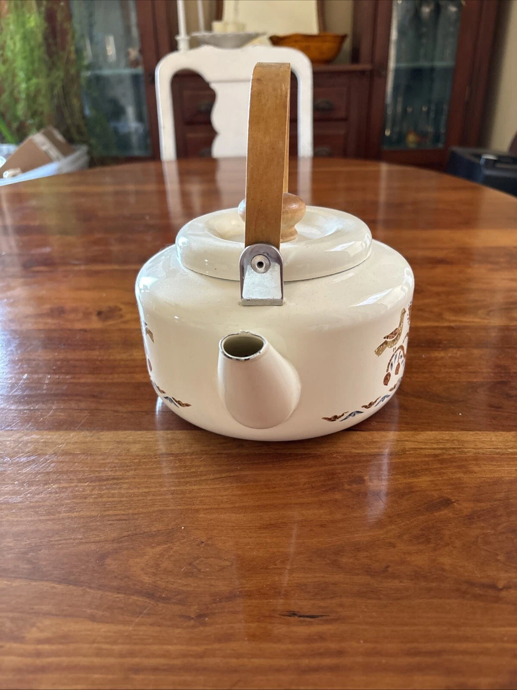 Vintage 1980s Country Geese Metal Enamel & Wood Tea Kettle