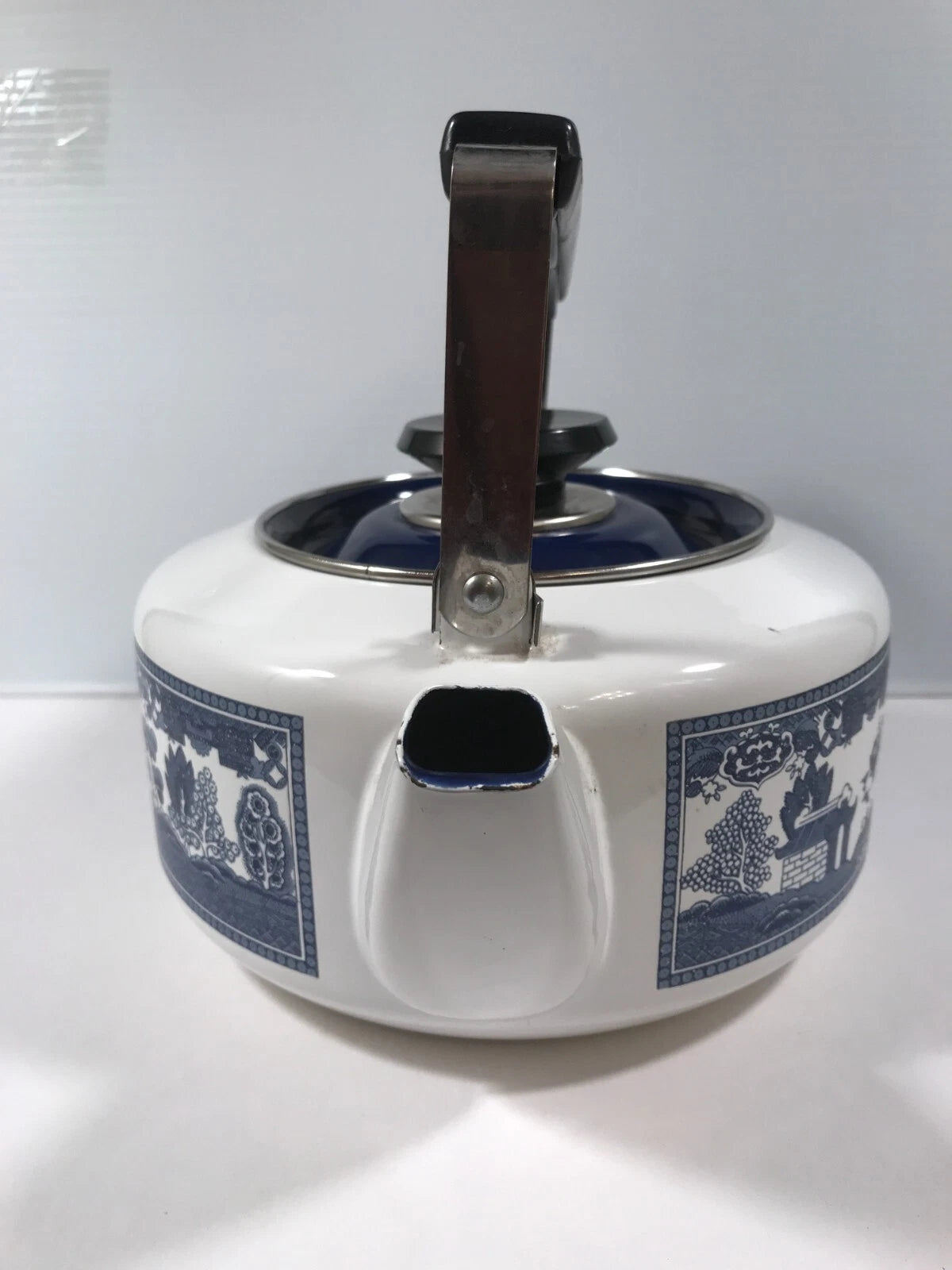 Vintage Blue Willow TEA KETTLE Howard Holt Porcelainized Steel 1960's #2 Unused