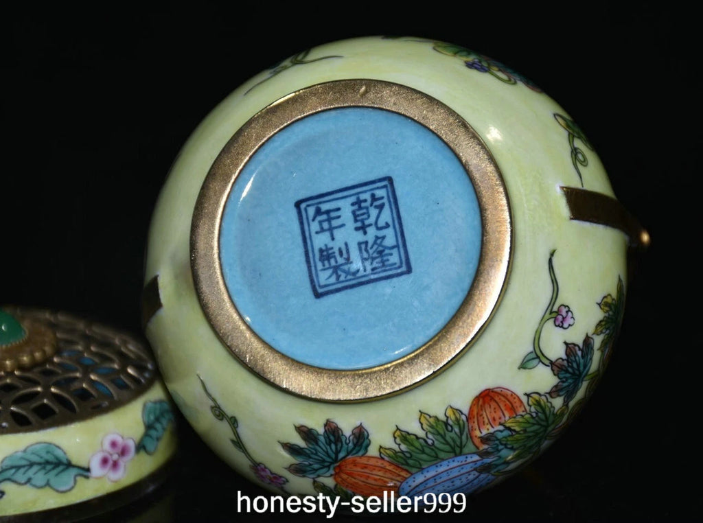Qianlong Cloisonne Enamel Gilt Grape Insect Handle Wine Teapot Flagon Statue