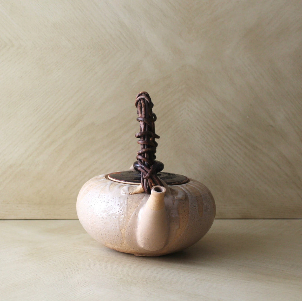 Vtg Asian Chinese Japanese Ceramic Clay Enameled Flat Teapot Kettle Raku Ware?