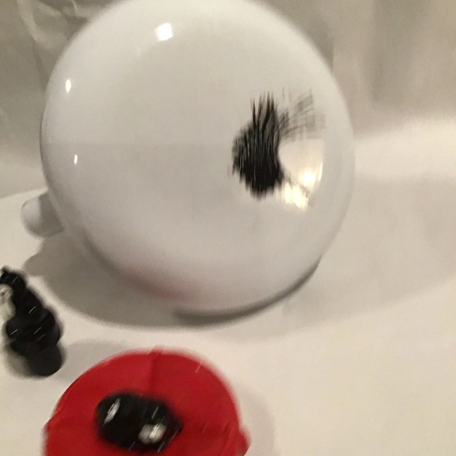 Red And White Enamel Kitty Cat Tea Kettle W/ Small Repair - Discounted