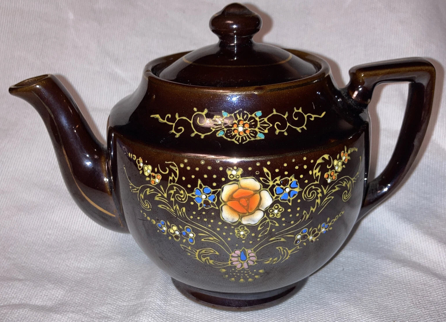 Brown Ceramic Tea Pot with Lid - Gold Trim Enameled Flowers 5 1/2" Made inJapan