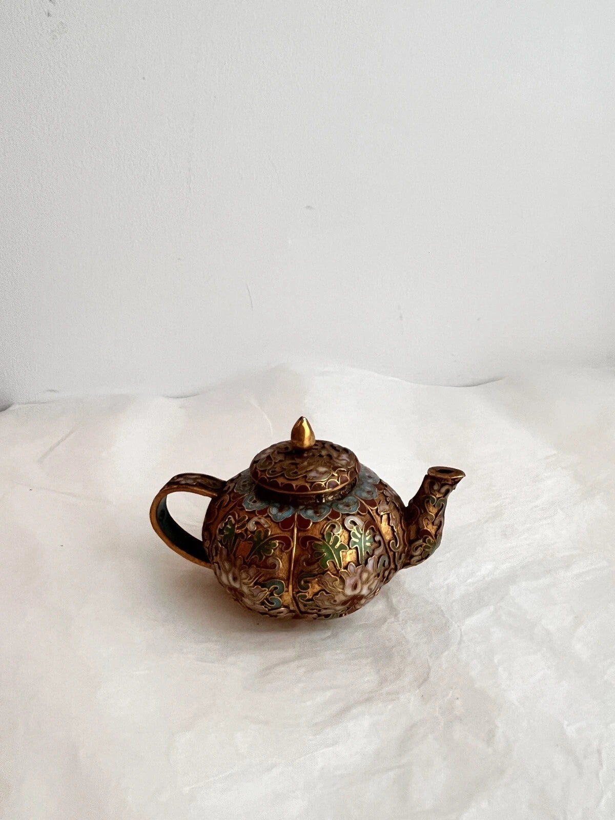 Vintage Miniature Asian Cloisonné Teapot Floral Enamel Trinket Box
