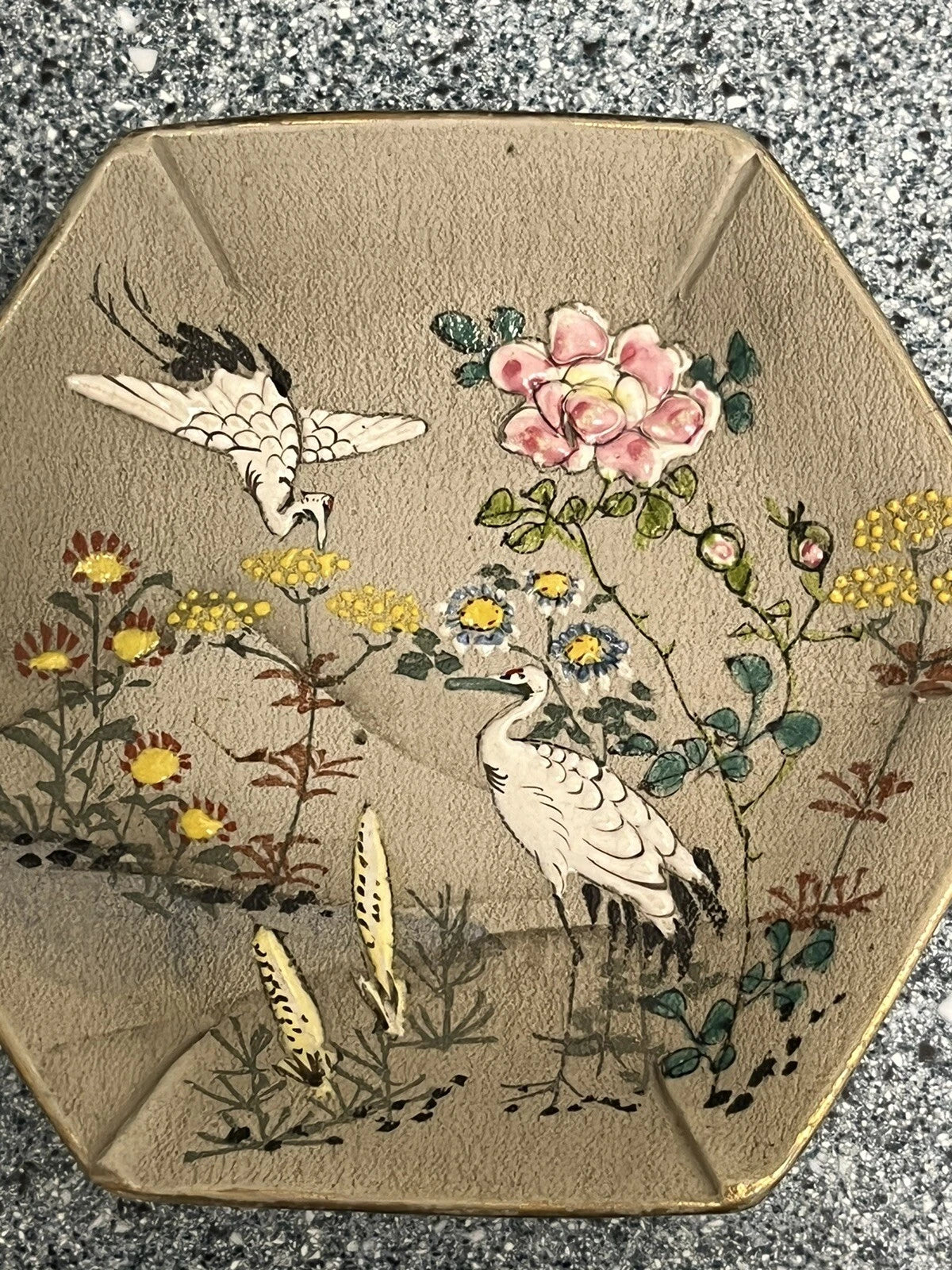 Japanese Banko Ware Plate and Teacup Crane Enamel  Marked