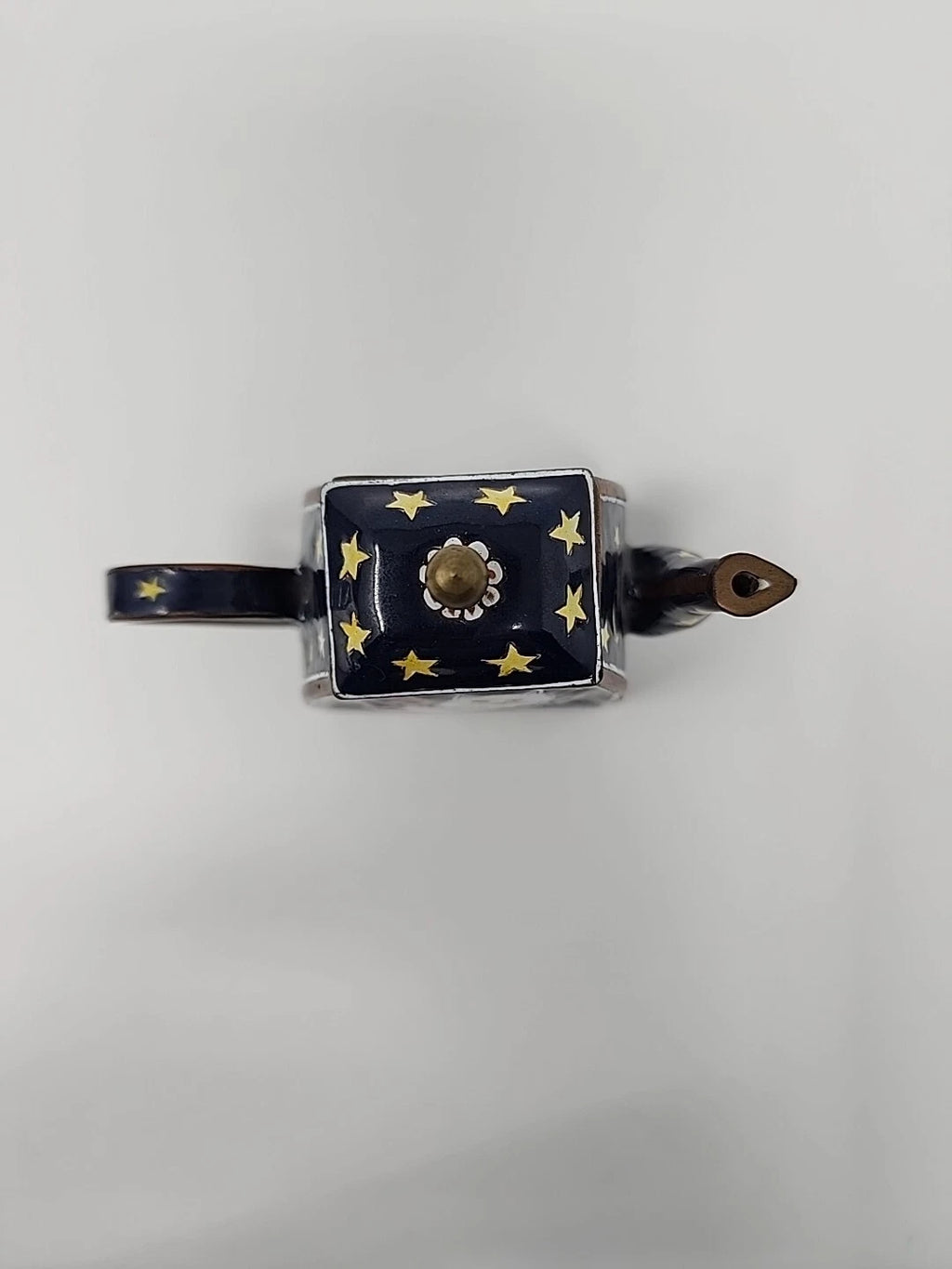 MINI ENAMEL TEA KETTLE TEAPOT KELVIN CHEN 1999 DECORATIVE CAT STARS RETIRED