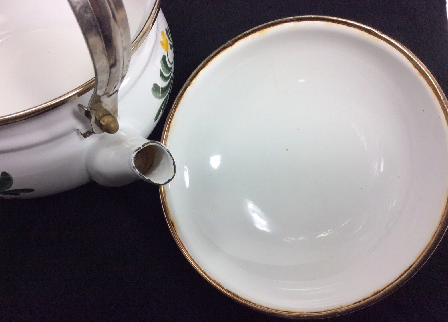 Vintage Enameled Metal Floral Teapot / Kettle Ceramic Handle + Brass Knob