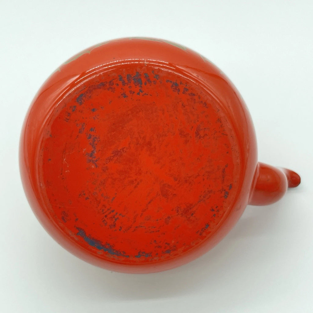 Boho Style VTG Enamel Tea Kettle Red Orange w Daisies & Teak Handle *DECOR ONLY*