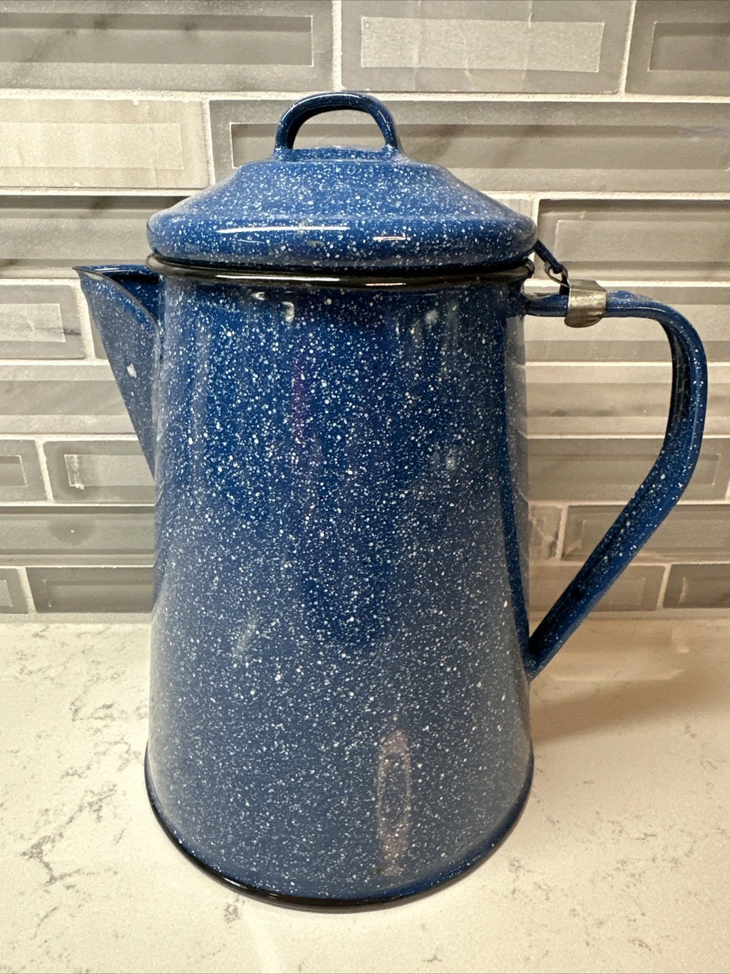 Vintage blue and white speckled enamel coffee/tea kettle 8” hiking camping RV