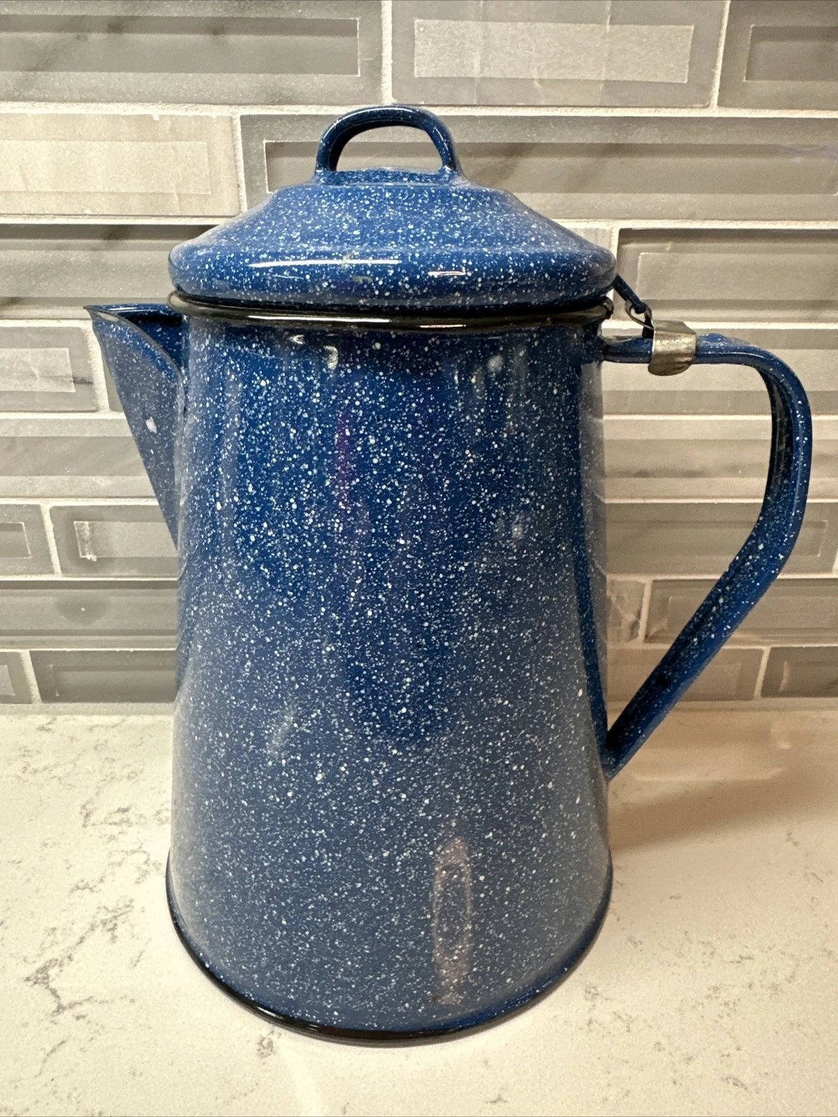 Vintage blue and white speckled enamel coffee/tea kettle 8” hiking camping RV