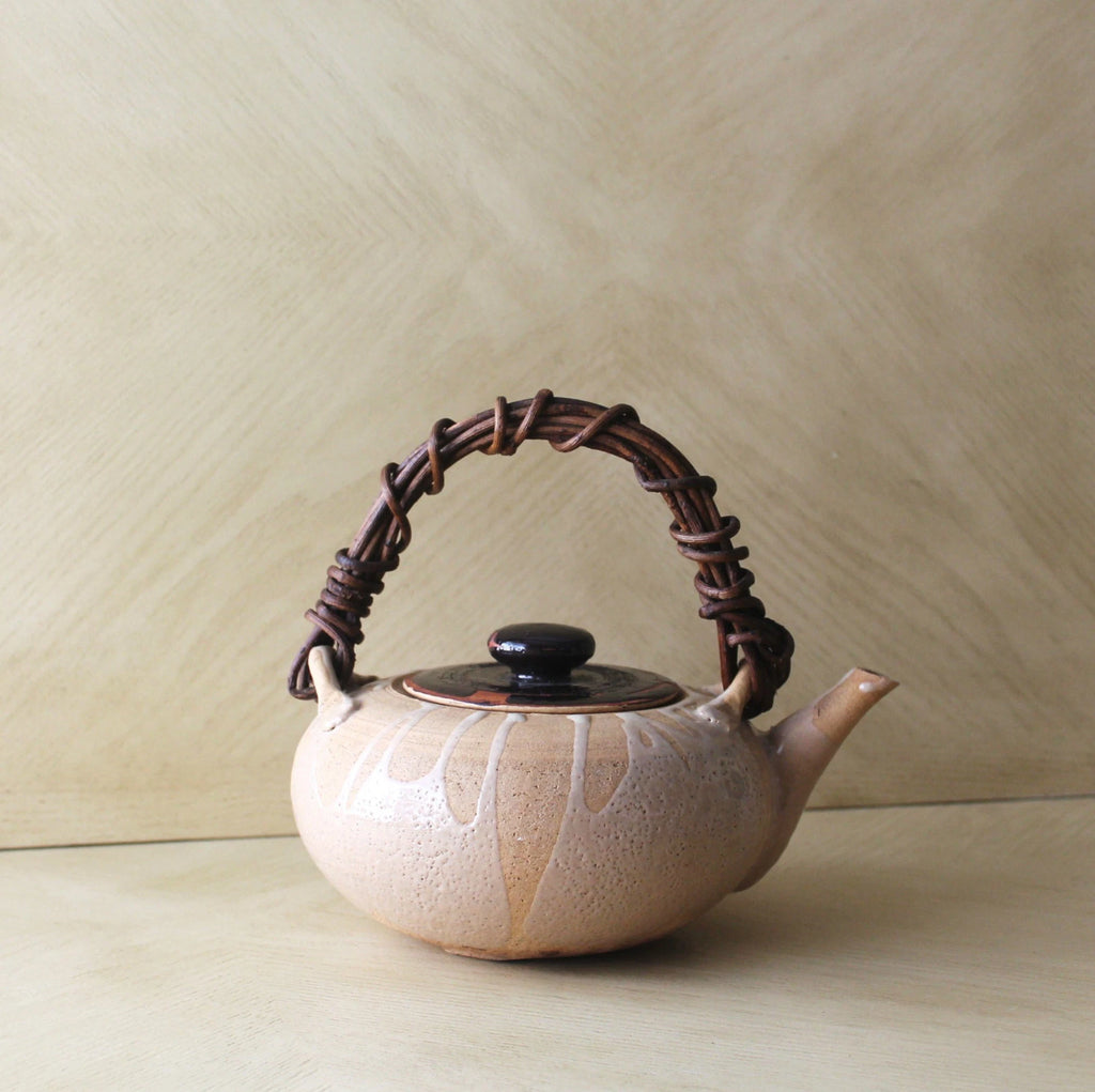 Vtg Asian Chinese Japanese Ceramic Clay Enameled Flat Teapot Kettle Raku Ware?