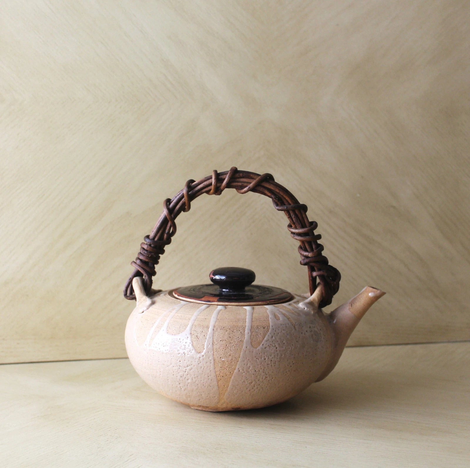 Vtg Asian Chinese Japanese Ceramic Clay Enameled Flat Teapot Kettle Raku Ware?